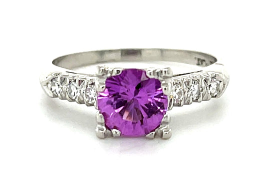 1.17ct Pink Sapphire Platinum Ring (Vintage 1950s) .16ct Diamond