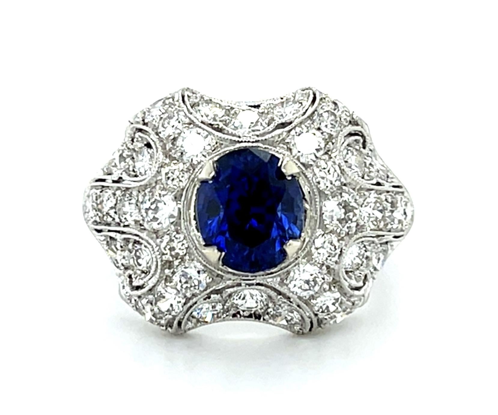 Original Art Deco 2.54ct Exact Sapphire Platinum Ring (Vintage 1930s) 1.60ct Dia