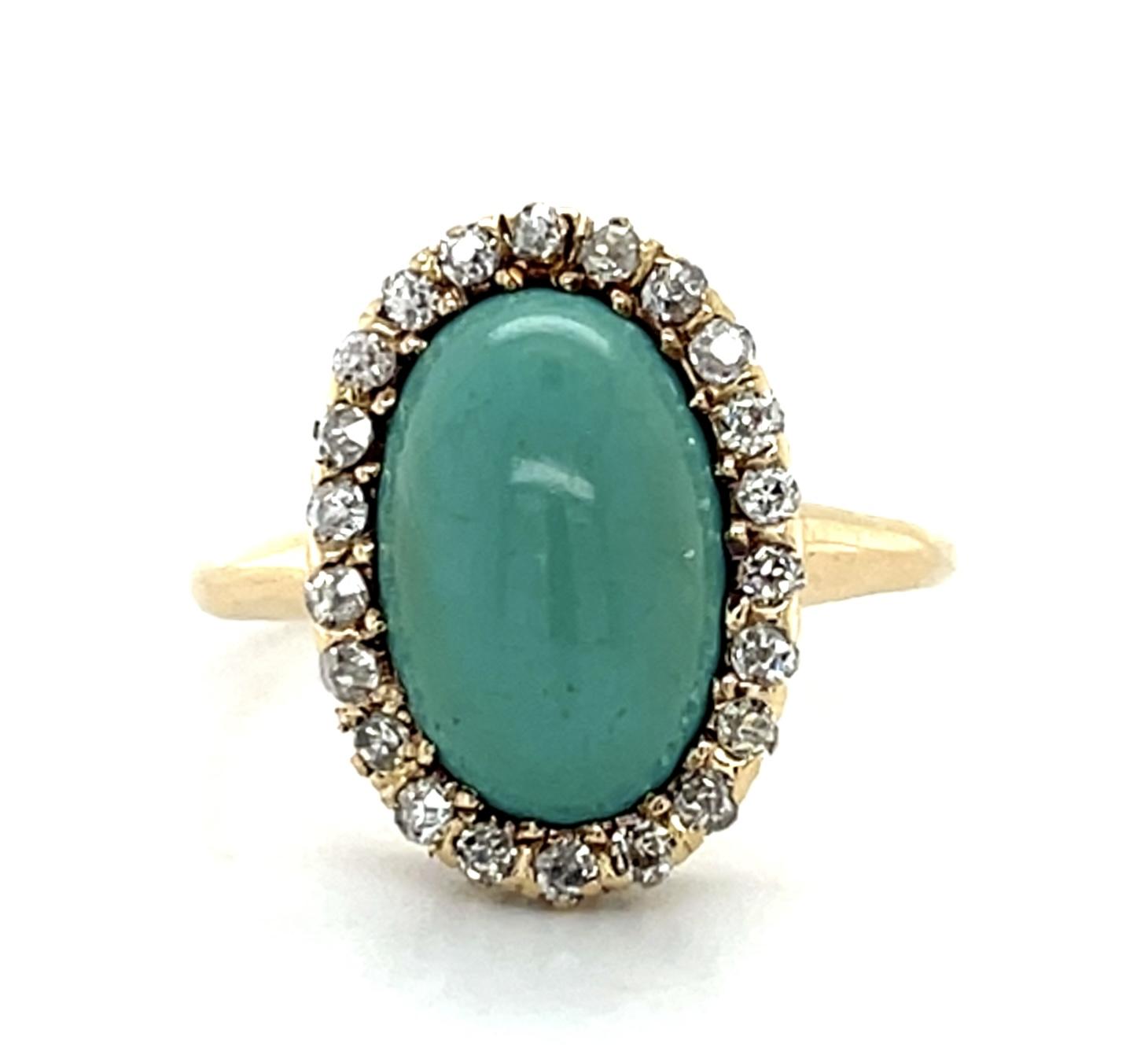 Original Victorian 2.50ct Turquoise .58ct Diamond 14KY Gold Ring (Antique 1880s)