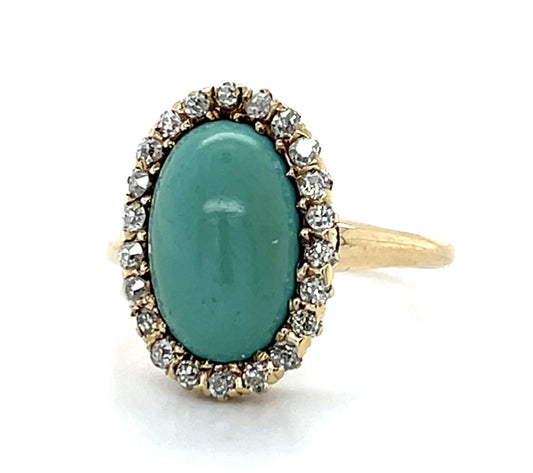 Original Victorian 2.50ct Turquoise .58ct Diamond 14KY Gold Ring (Antique 1880s)