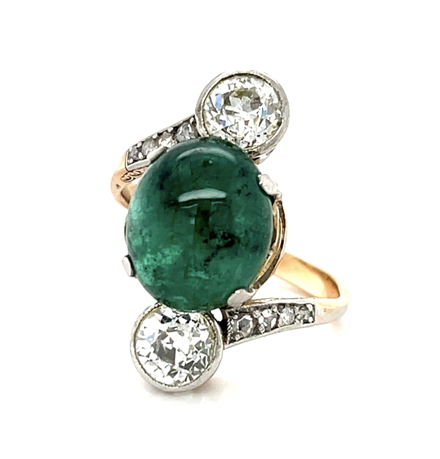 Original Edwardian 5ct Cab Emerald 1.40ct Euro Dia (Two Dia) PT+18KY Gold Ring