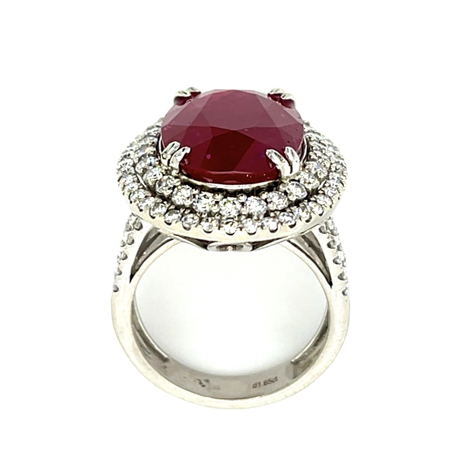 11.69ct Oval Moderate Residue Ruby 18KW Gold Ring 1.50ct Diamond 18KW Gold Ring