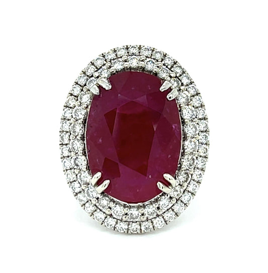 11.69ct Oval Moderate Residue Ruby 18KW Gold Ring 1.50ct Diamond 18KW Gold Ring