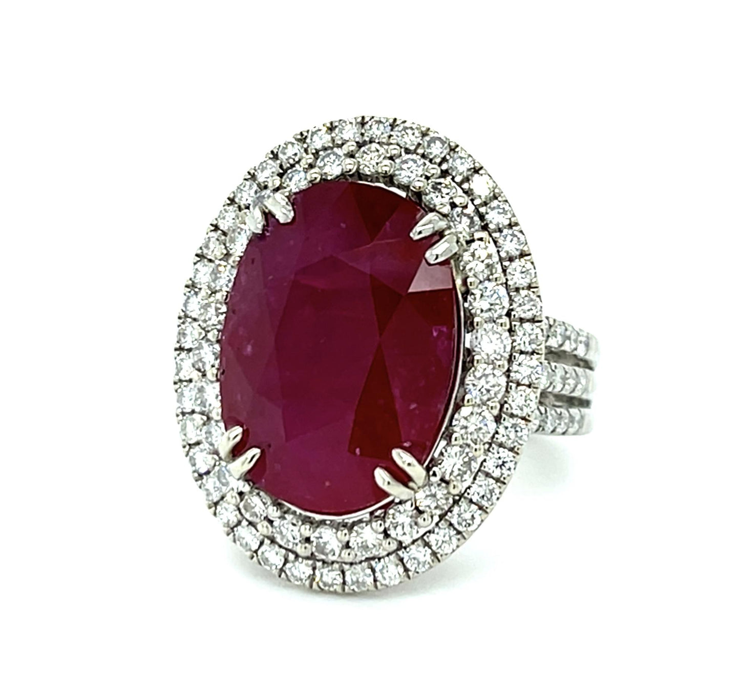 11.69ct Oval Moderate Residue Ruby 18KW Gold Ring 1.50ct Diamond 18KW Gold Ring