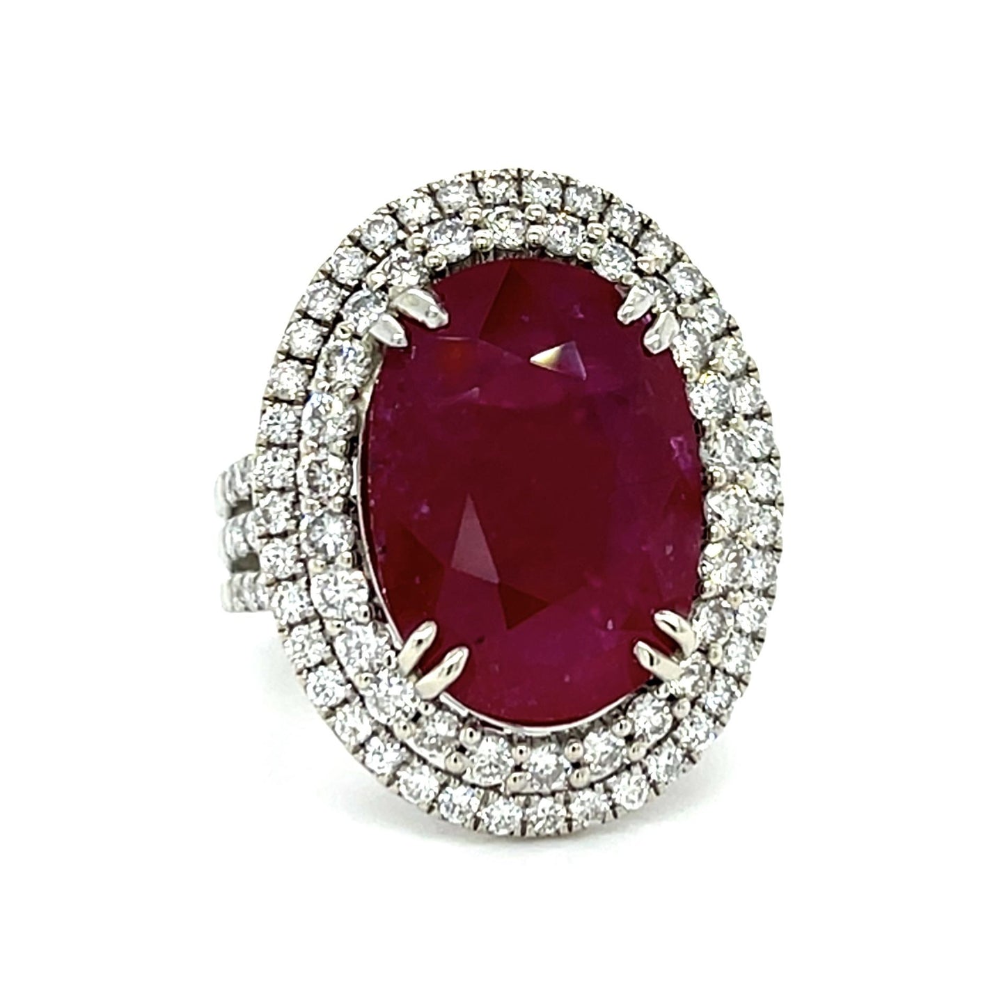 11.69ct Oval Moderate Residue Ruby 18KW Gold Ring 1.50ct Diamond 18KW Gold Ring