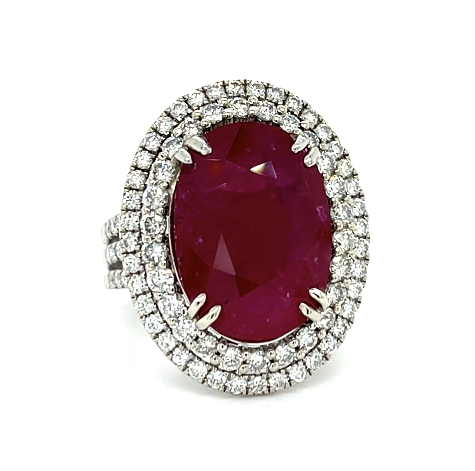 11.69ct Oval Moderate Residue Ruby 18KW Gold Ring 1.50ct Diamond 18KW Gold Ring