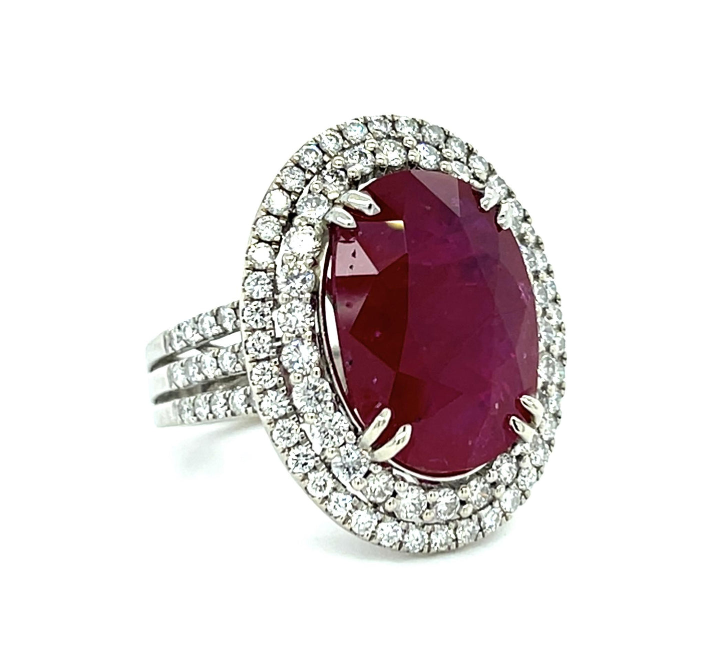 11.69ct Oval Moderate Residue Ruby 18KW Gold Ring 1.50ct Diamond 18KW Gold Ring