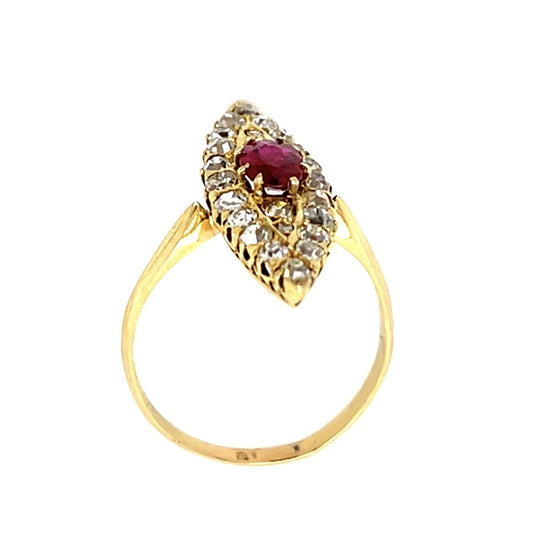 Original Victorian .45ct Oval Ruby 18KY Gold Navette Ring (Antique 1880s)
