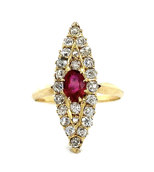 Original Victorian .45ct Oval Ruby 18KY Gold Navette Ring (Antique 1880s)