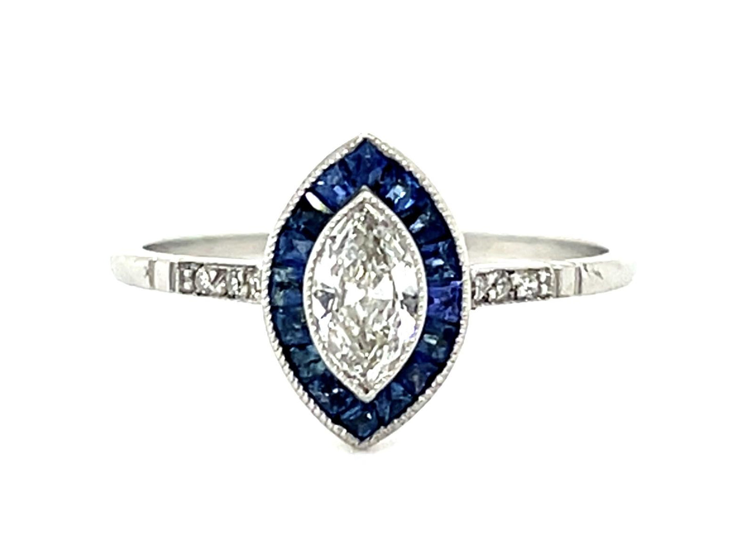 .27ct Marquise Diamond Platinum Handmade Ring .48ct French-cut Sapphire