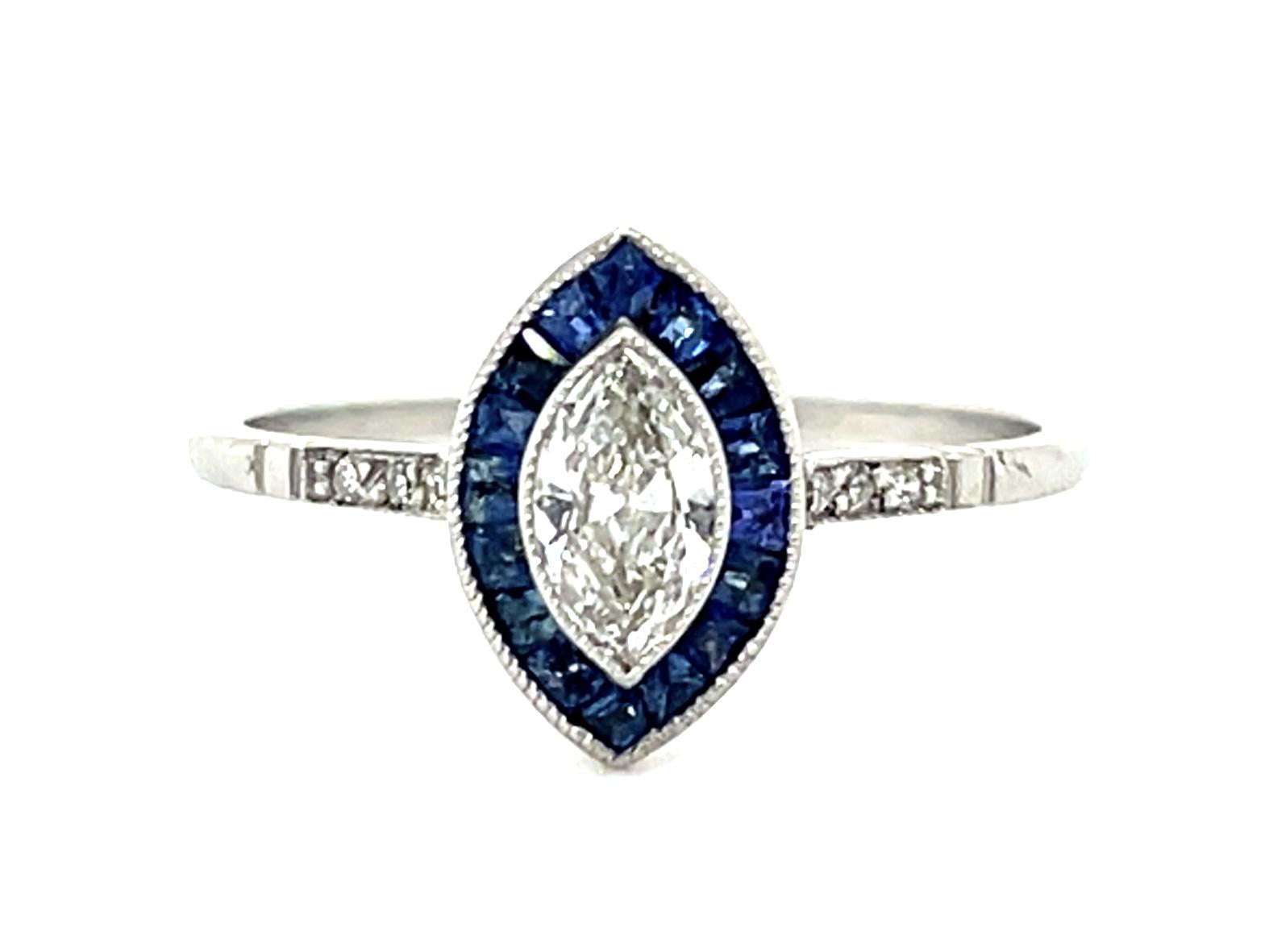 .27ct Marquise Diamond Platinum Handmade Ring .48ct French-cut Sapphire