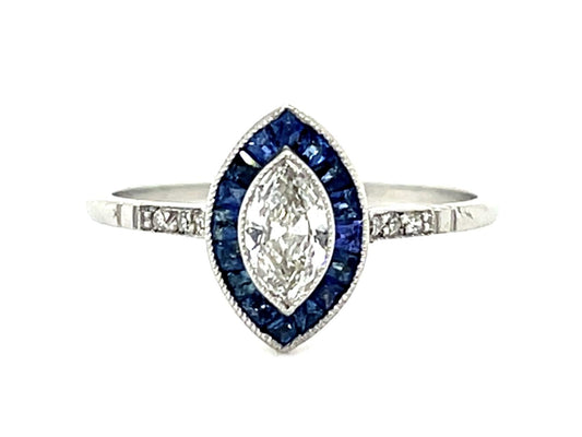 .27ct Marquise Diamond Platinum Handmade Ring .48ct French-cut Sapphire
