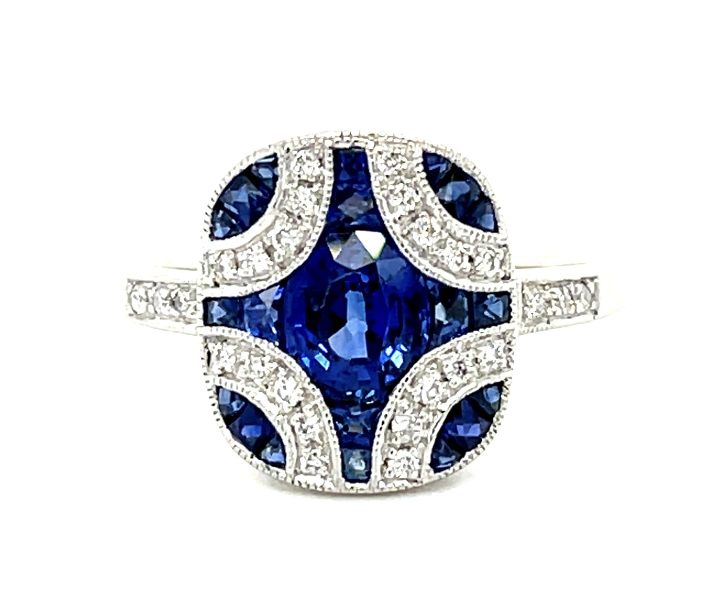 .89ct Sapphire Platinum Ring .12ct Diamond .60ct Side Sapphire