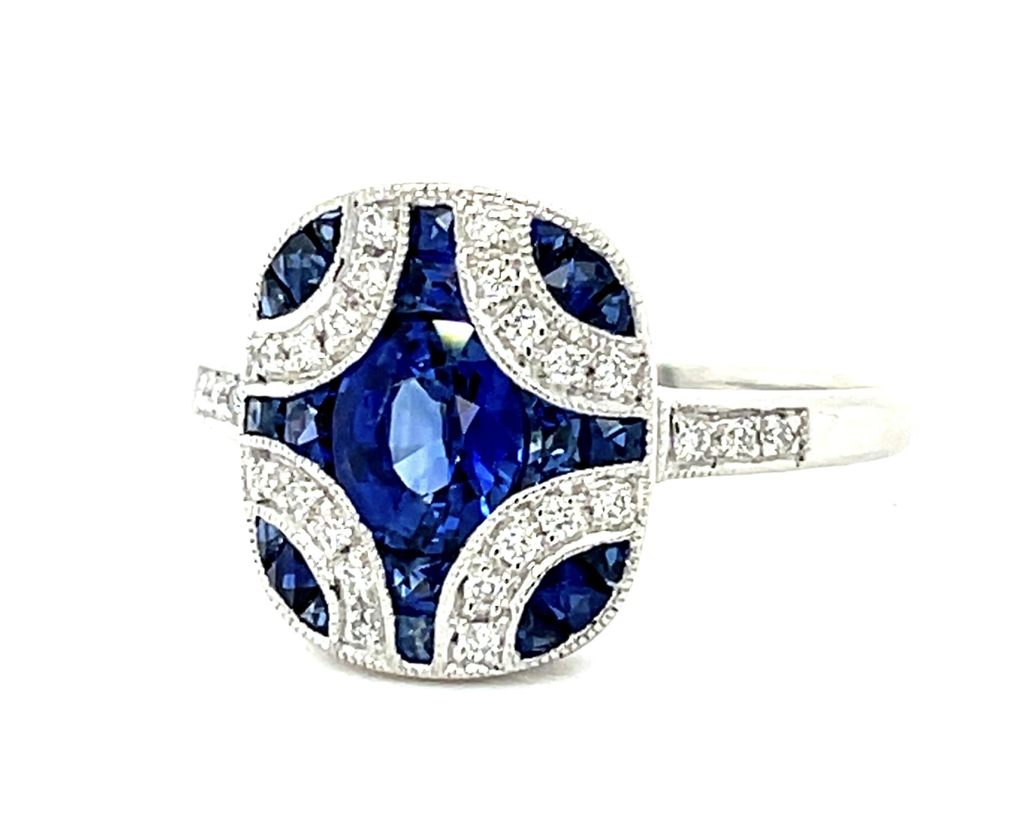 .89ct Sapphire Platinum Ring .12ct Diamond .60ct Side Sapphire