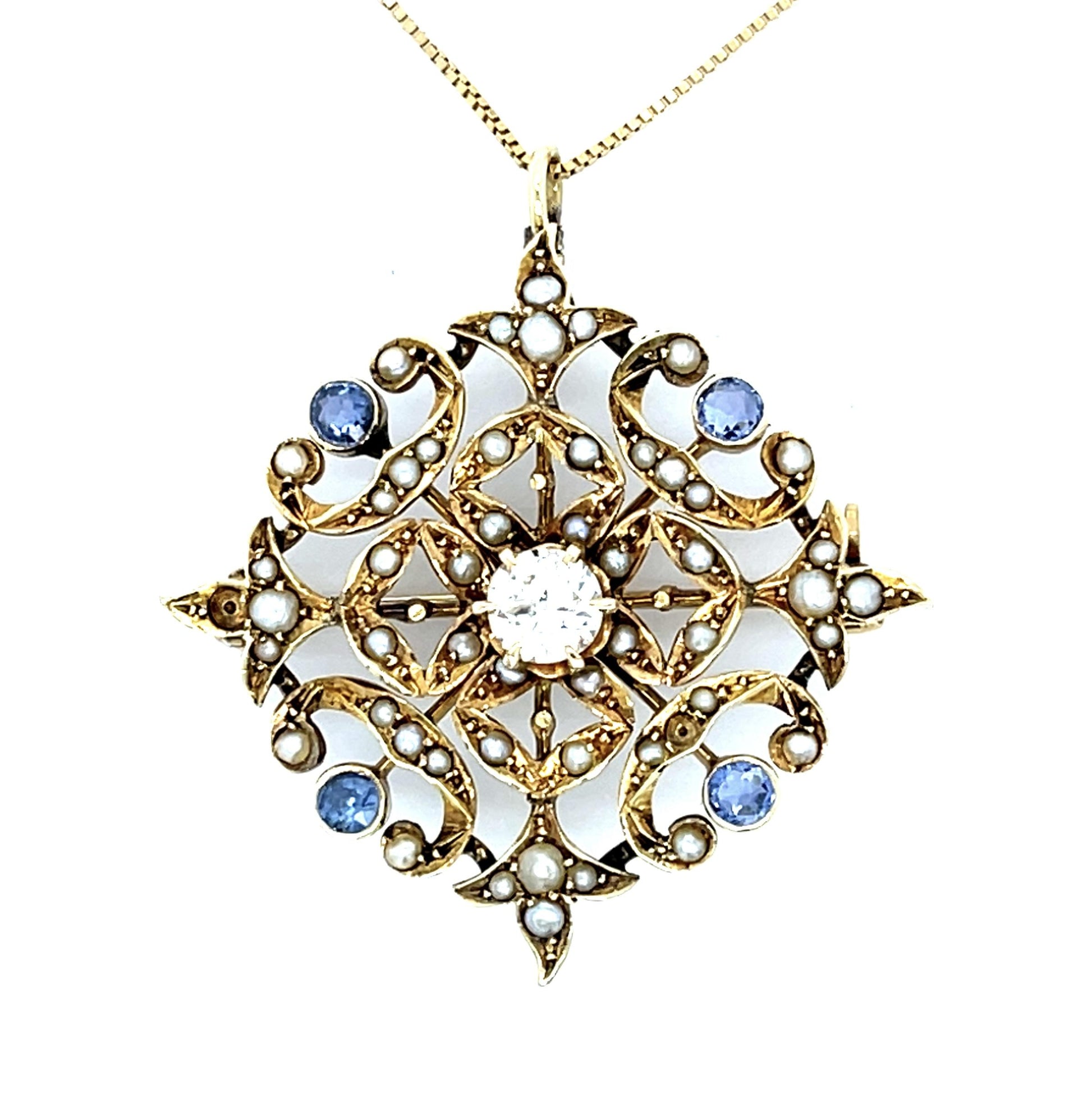 Original Victorian .30ct Diamond + Montana Sapphire 14KY Gold Pendant Brooch