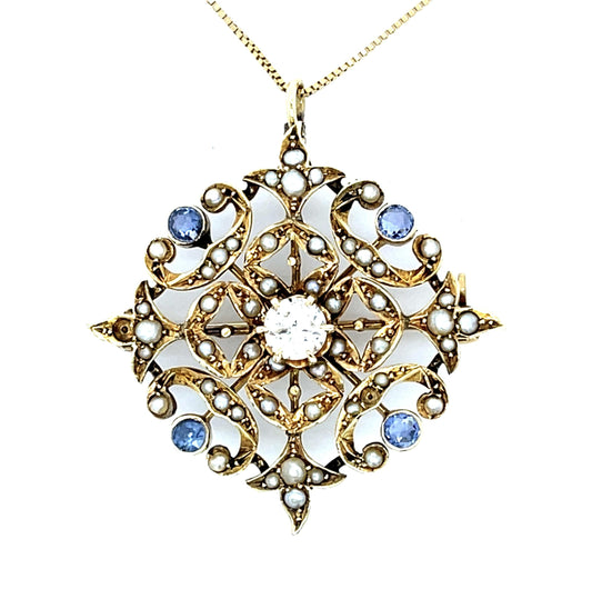 Original Victorian .30ct Diamond + Montana Sapphire 14KY Gold Pendant Brooch