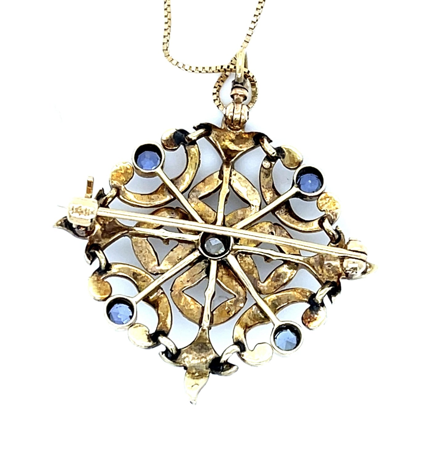 Original Victorian .30ct Diamond + Montana Sapphire 14KY Gold Pendant Brooch