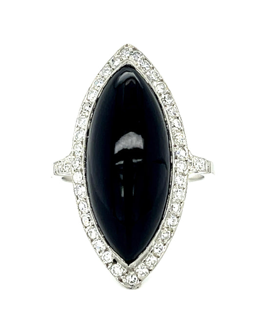 14.70ct Cab Onyx Platinum Handmade Ring .65ct Single Cut Diamond