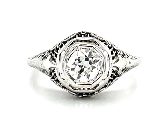 Original Art Deco .38ct Euro Diamond 18KW Gold Ring (Vintage 1930s) 2.33g