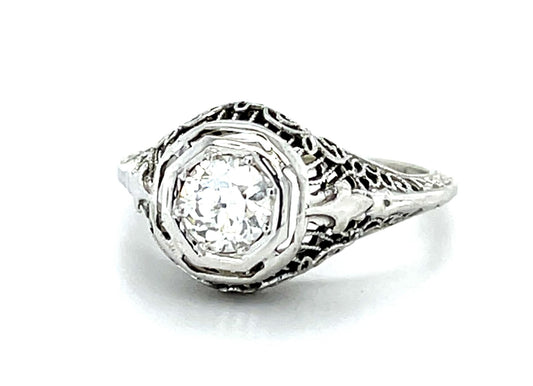 Original Art Deco .38ct Euro Diamond 18KW Gold Ring (Vintage 1930s) 2.33g