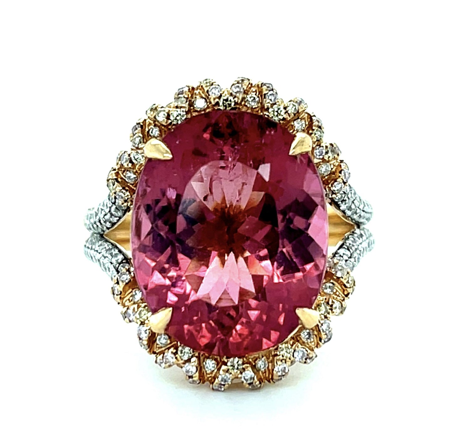 14ct Oval Pink Tourmaline 18K Two Tone Gold 1.40ct Diamond
