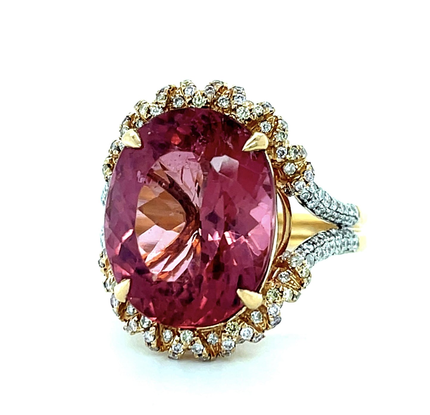 14ct Oval Pink Tourmaline 18K Two Tone Gold 1.40ct Diamond
