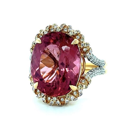 14ct Oval Pink Tourmaline 18K Two Tone Gold 1.40ct Diamond