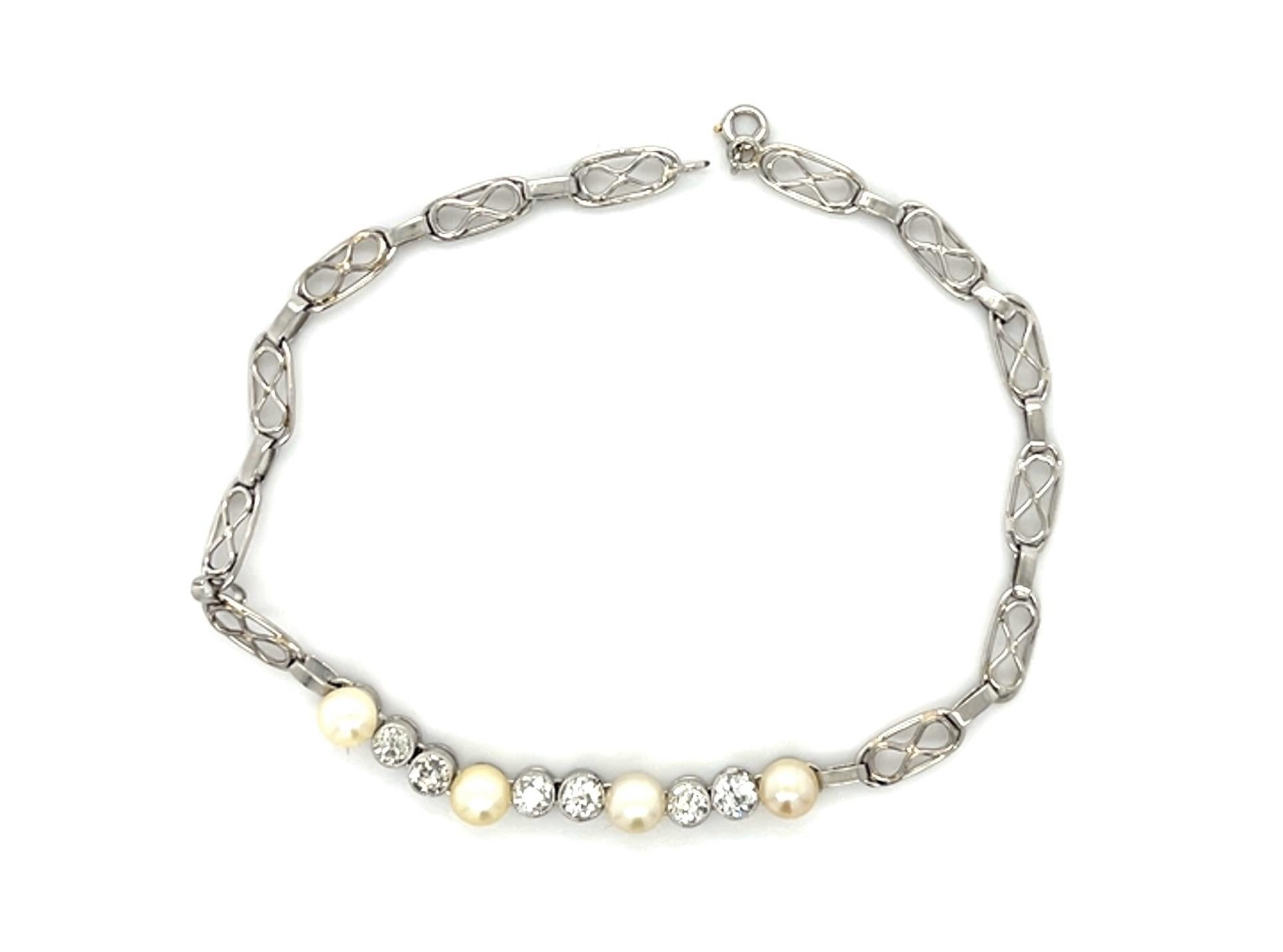 Original Art Deco 1ct Euro Diamond + Pearl Platinum Bracelet (Vintage 1930s)