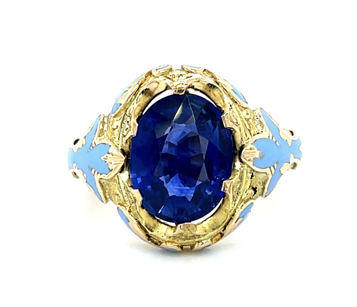 Art Nouveau 4.18ct Heated Royal Blue Sapphire 14KY Gold Ring (Antique 1900s)