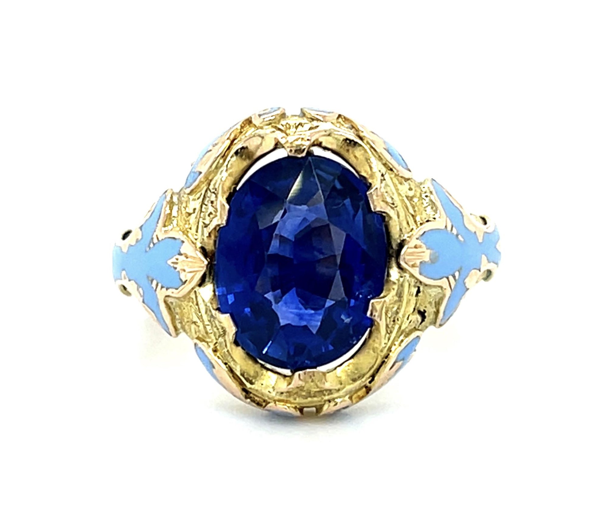 Art Nouveau 4.18ct Heated Royal Blue Sapphire 14KY Gold Ring (Antique 1900s)
