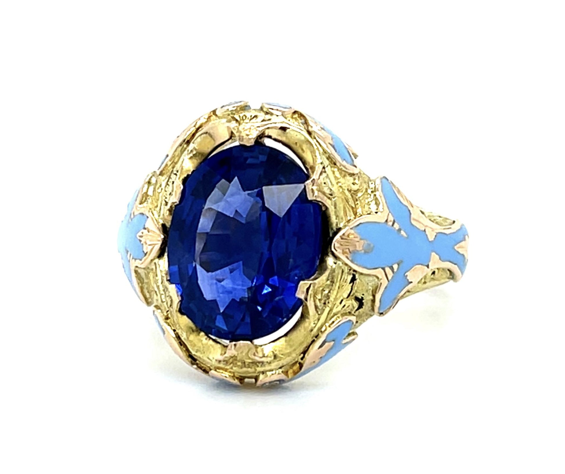 Art Nouveau 4.18ct Heated Royal Blue Sapphire 14KY Gold Ring (Antique 1900s)