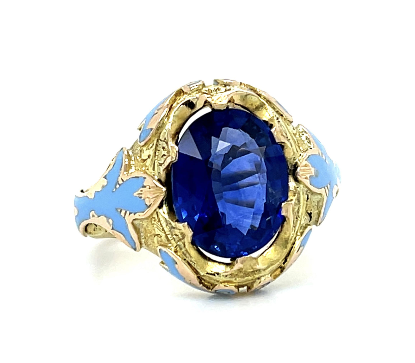 Art Nouveau 4.18ct Heated Royal Blue Sapphire 14KY Gold Ring (Antique 1900s)