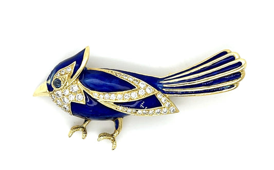 .80ct Diamond + Enamel 18KY Gold Bird Brooch (Vintage 1960s) 10g 2.25"