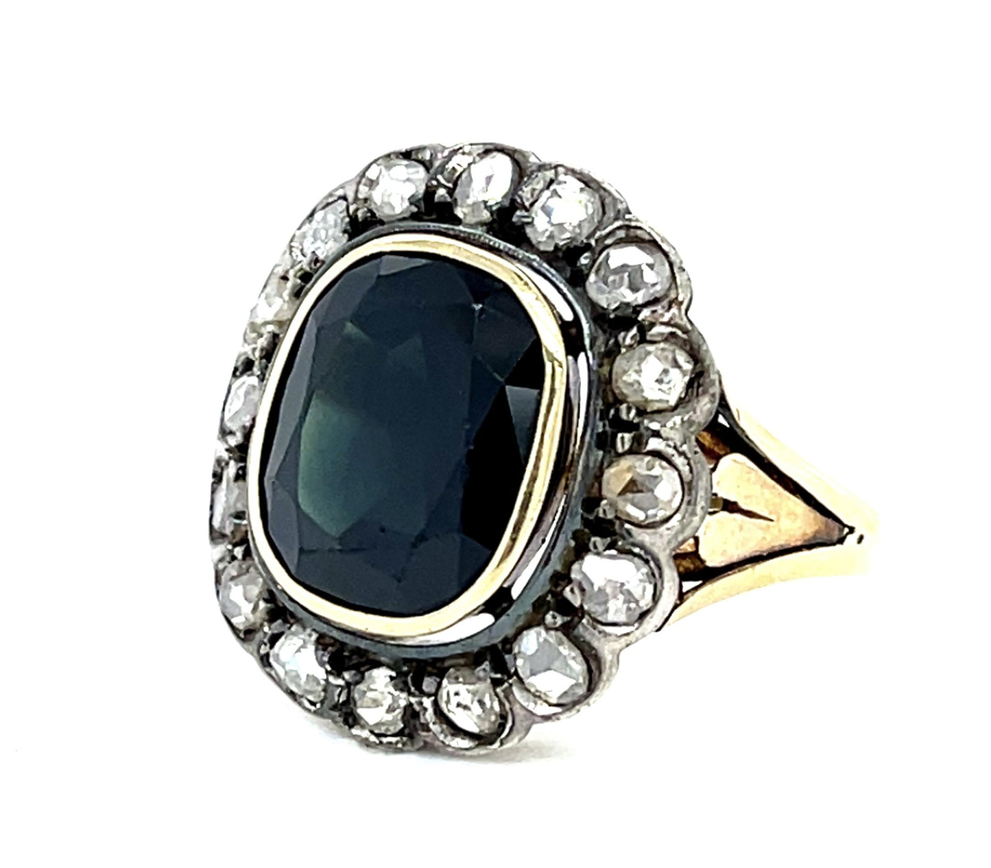 Original Victorian 4ct+ Sapphire 18KY Gold + Silver Ring (Antique 1880s)