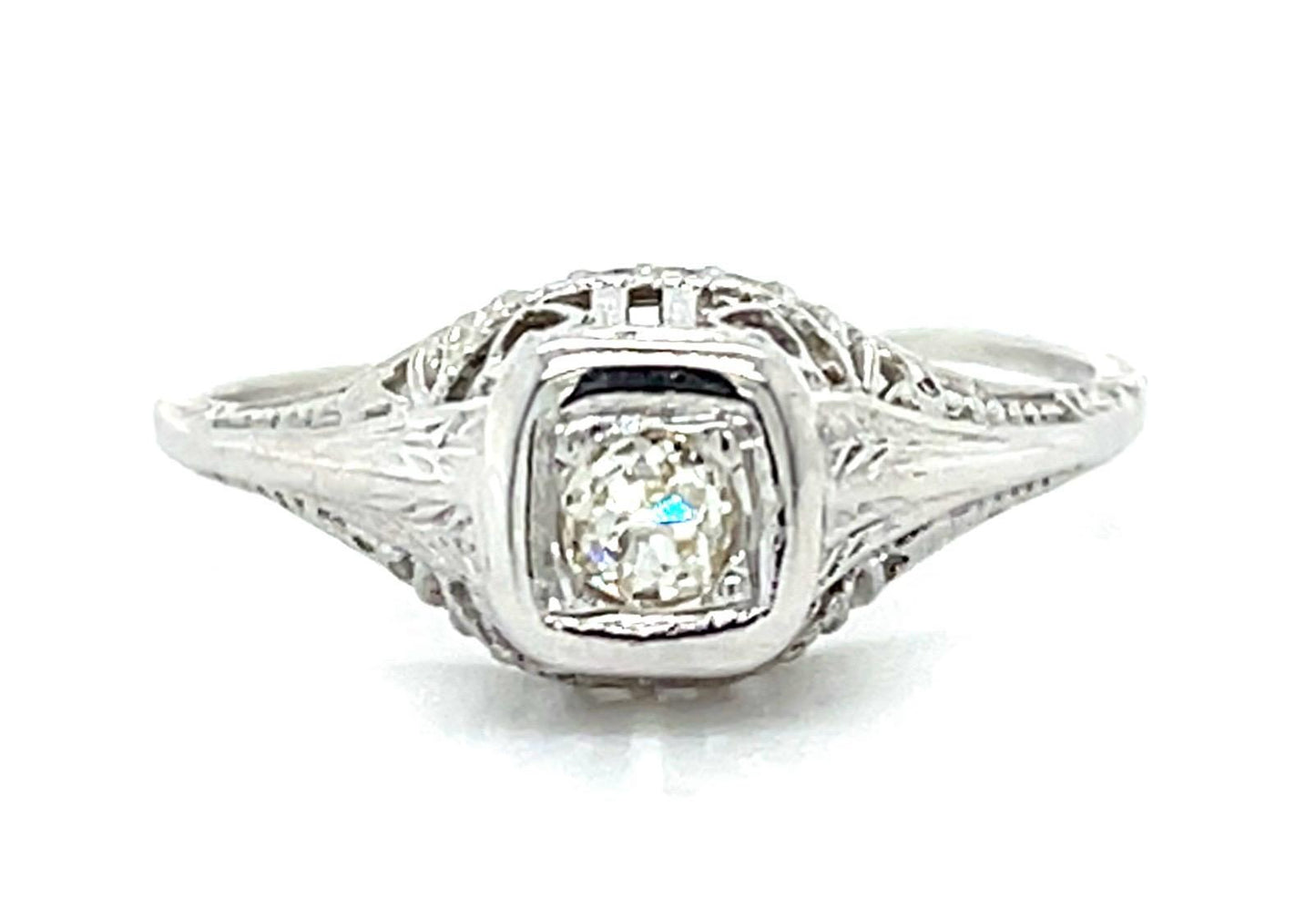 Art Deco 18KW Gold Ring (Antique 1920s) .15ct Old Mine Cut Diamond