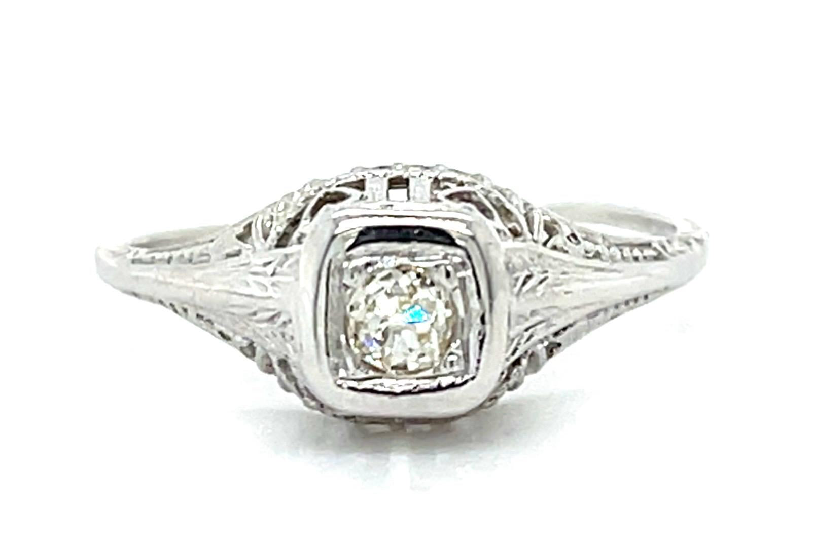 Art Deco 18KW Gold Ring (Antique 1920s) .15ct Old Mine Cut Diamond