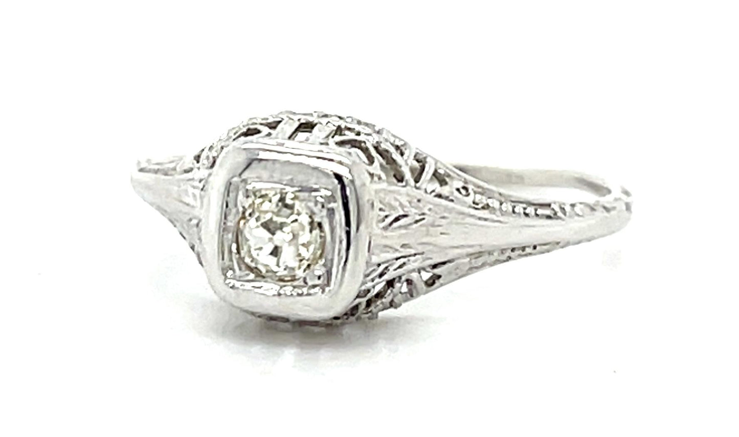 Art Deco 18KW Gold Ring (Antique 1920s) .15ct Old Mine Cut Diamond