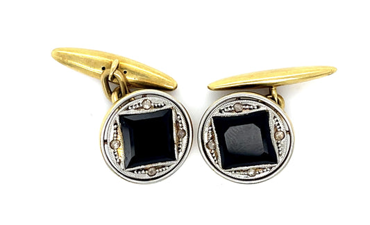 Original Edwardian Onyx + .08ct Diamond PT+18KY Gold Cufflinks (Antique 1900s)