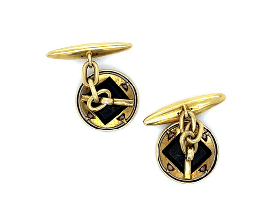 Original Edwardian Onyx + .08ct Diamond PT+18KY Gold Cufflinks (Antique 1900s)