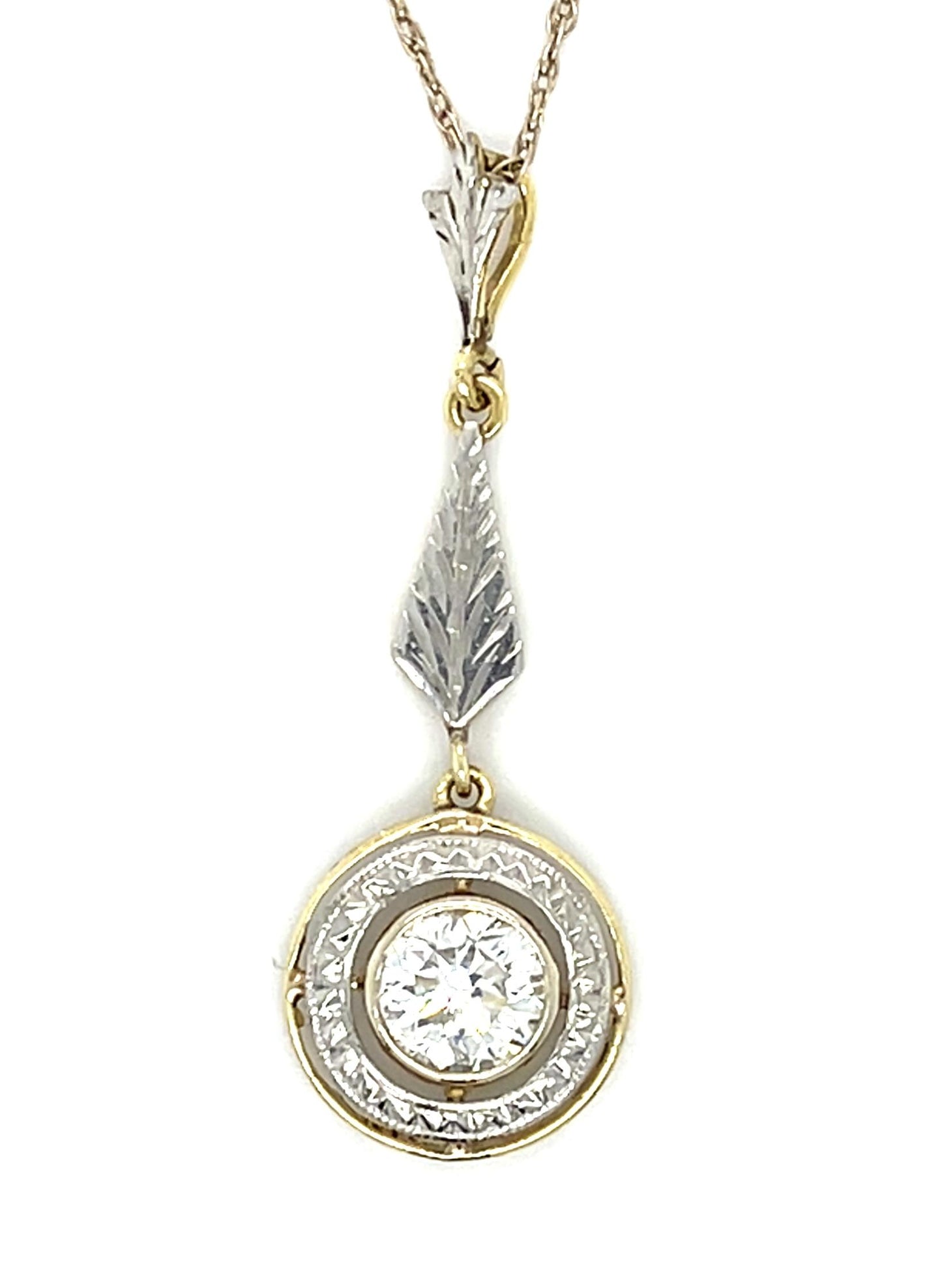 .65ct Round Diamond 14K Two Tone Gold Vintage Pendant 2.12g 18"