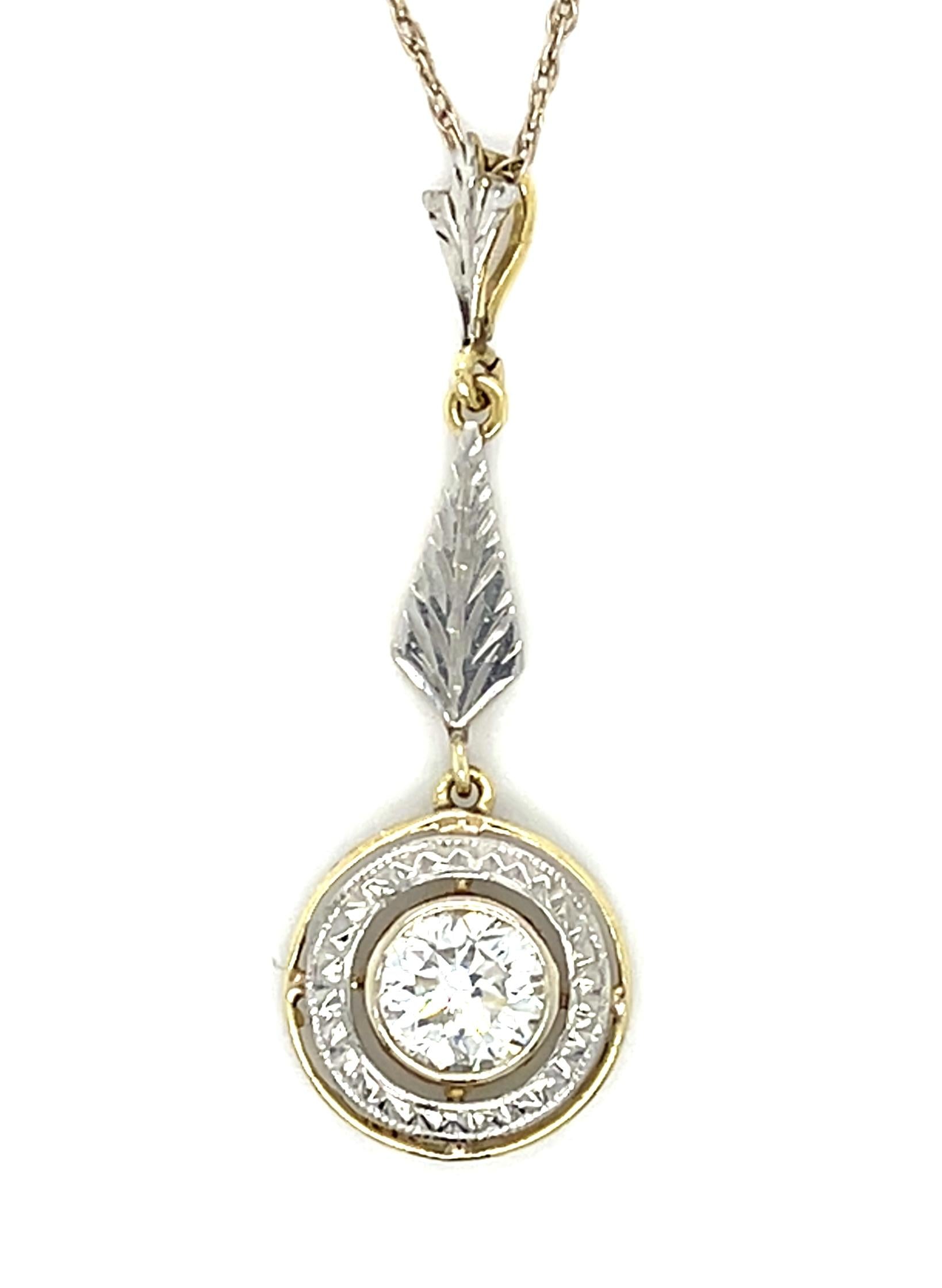 .65ct Round Diamond 14K Two Tone Gold Vintage Pendant 2.12g 18"