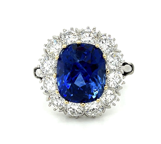 9.10ct Cushion Heated Sapphire Platinum+18KW Gold Ring 2.40ct