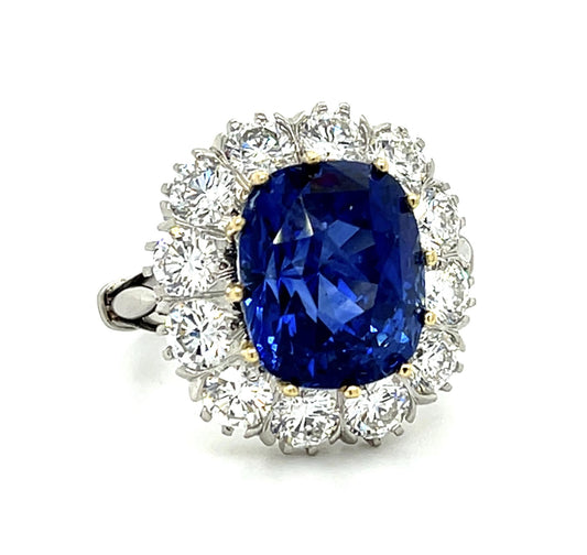 9.10ct Cushion Heated Sapphire Platinum+18KW Gold Ring 2.40ct