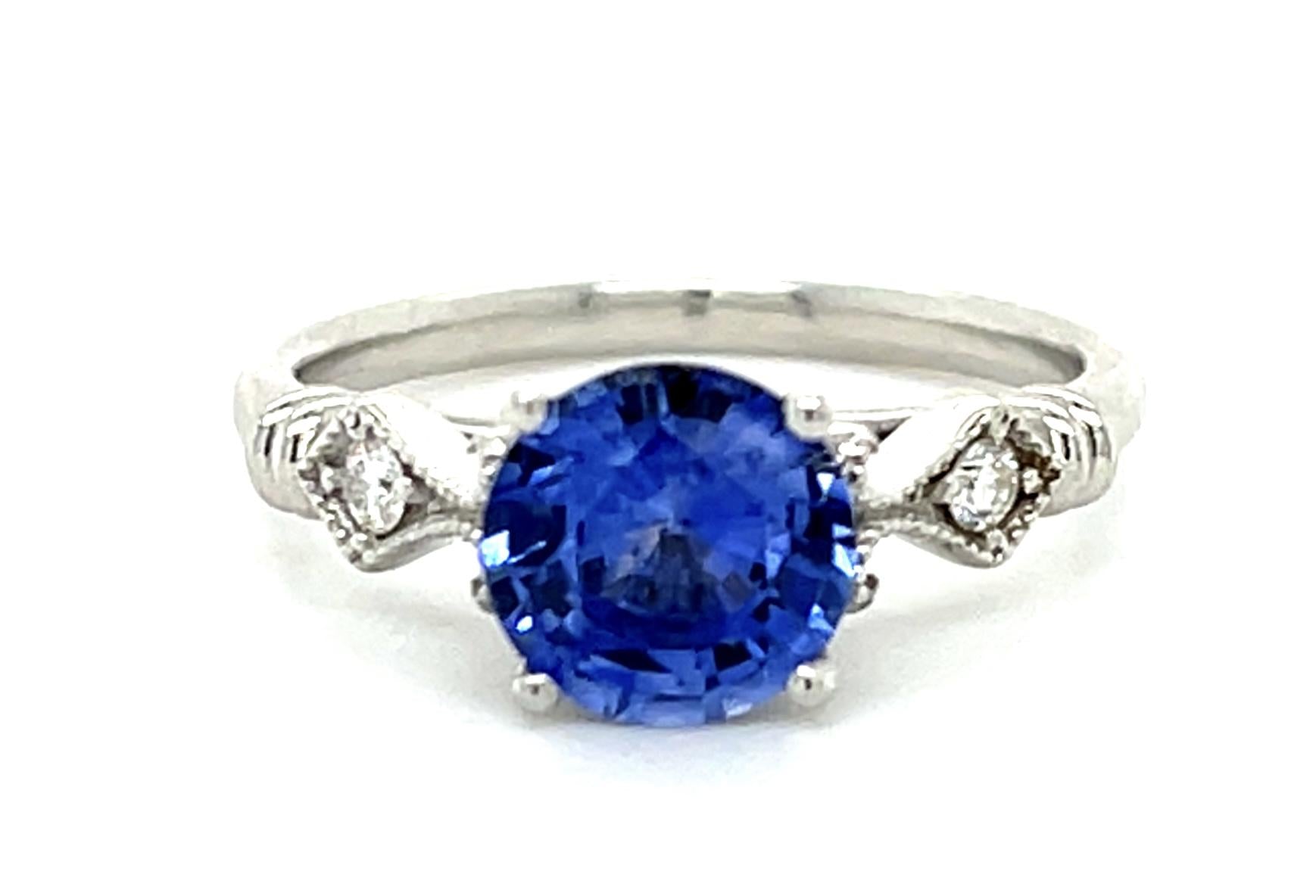 1.45ct Round Sapphire Platinum Ring .04ct Diamond 4.20g 5 Size