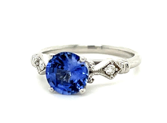 1.45ct Round Sapphire Platinum Ring .04ct Diamond 4.20g 5 Size