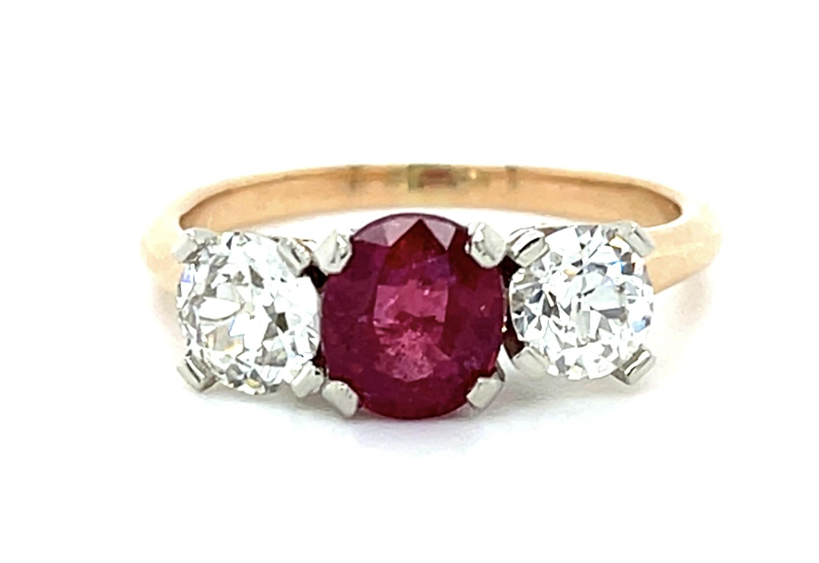 1.57ct Ruby 1ct European Diamond 14K Two Tone Gold Three Stone Ring