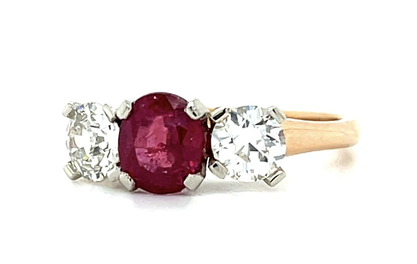 1.57ct Ruby 1ct European Diamond 14K Two Tone Gold Three Stone Ring