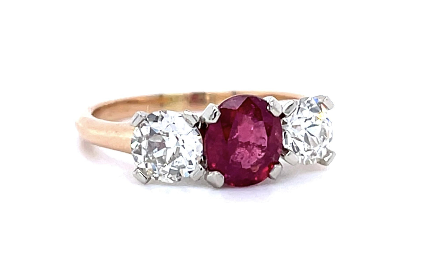 1.57ct Ruby 1ct European Diamond 14K Two Tone Gold Three Stone Ring