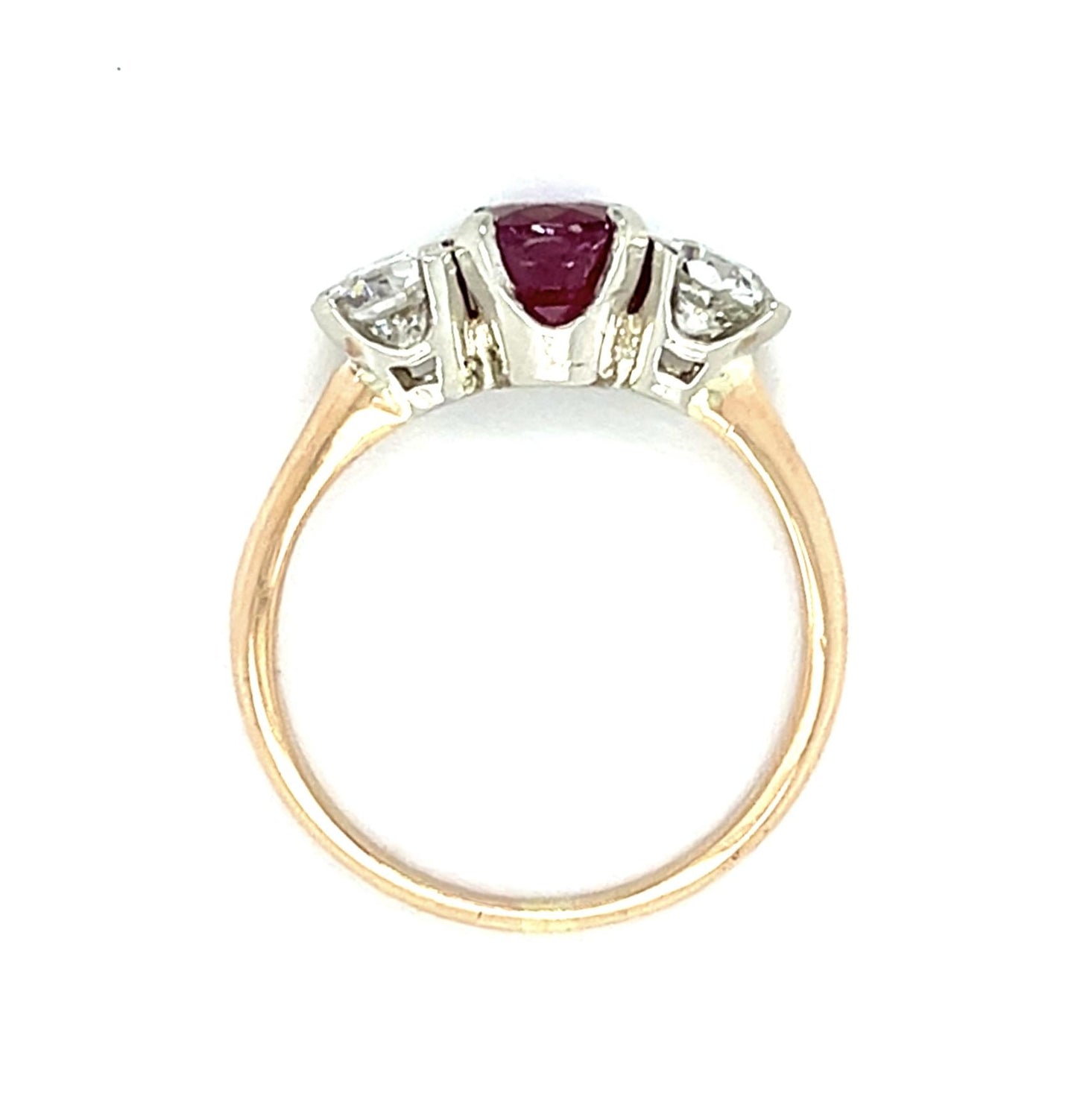 1.57ct Ruby 1ct European Diamond 14K Two Tone Gold Three Stone Ring