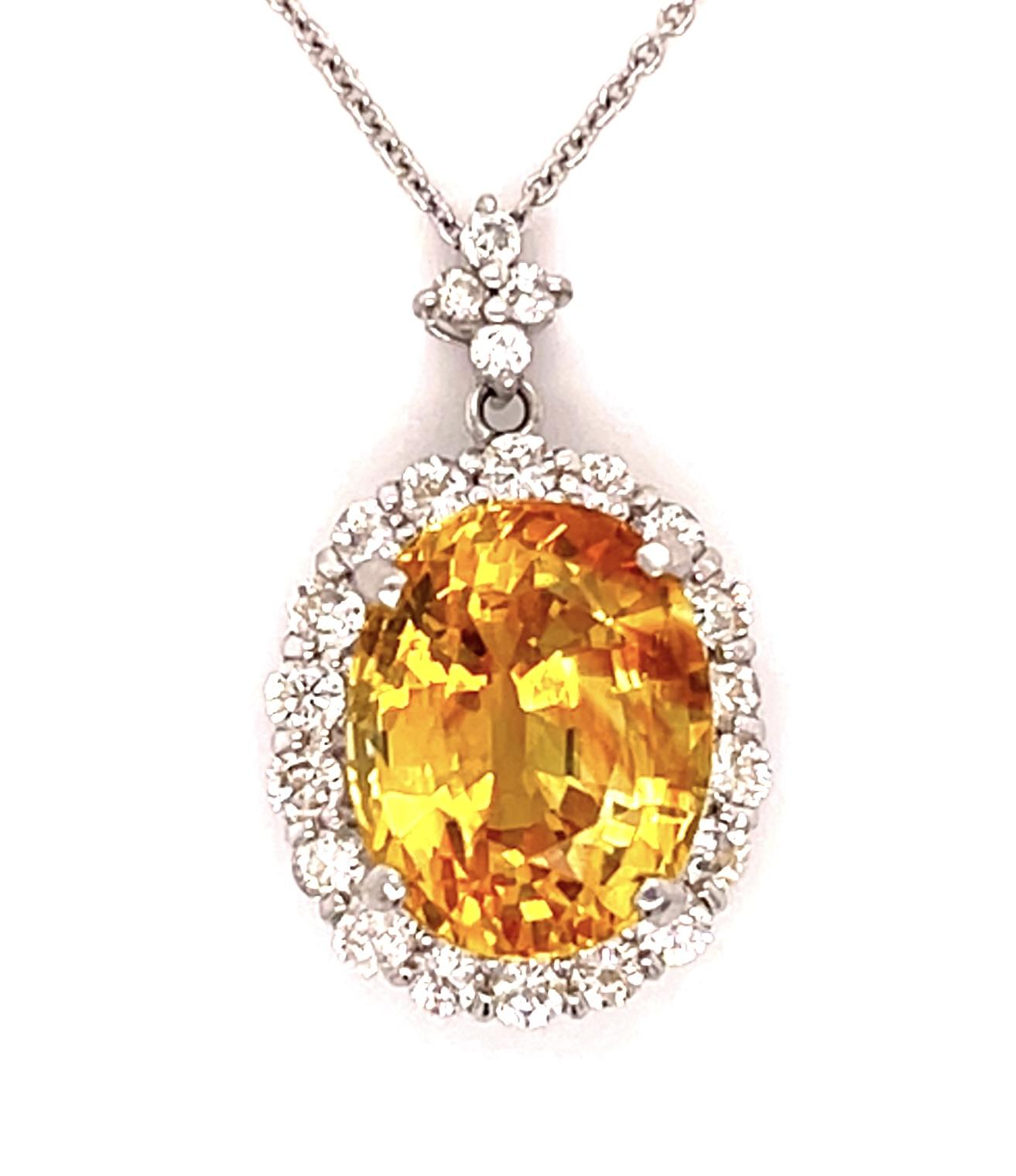 7.12ct Yellow Oval Sapphire Platinum Pendant .30ct Diamond Silver Chain 16"